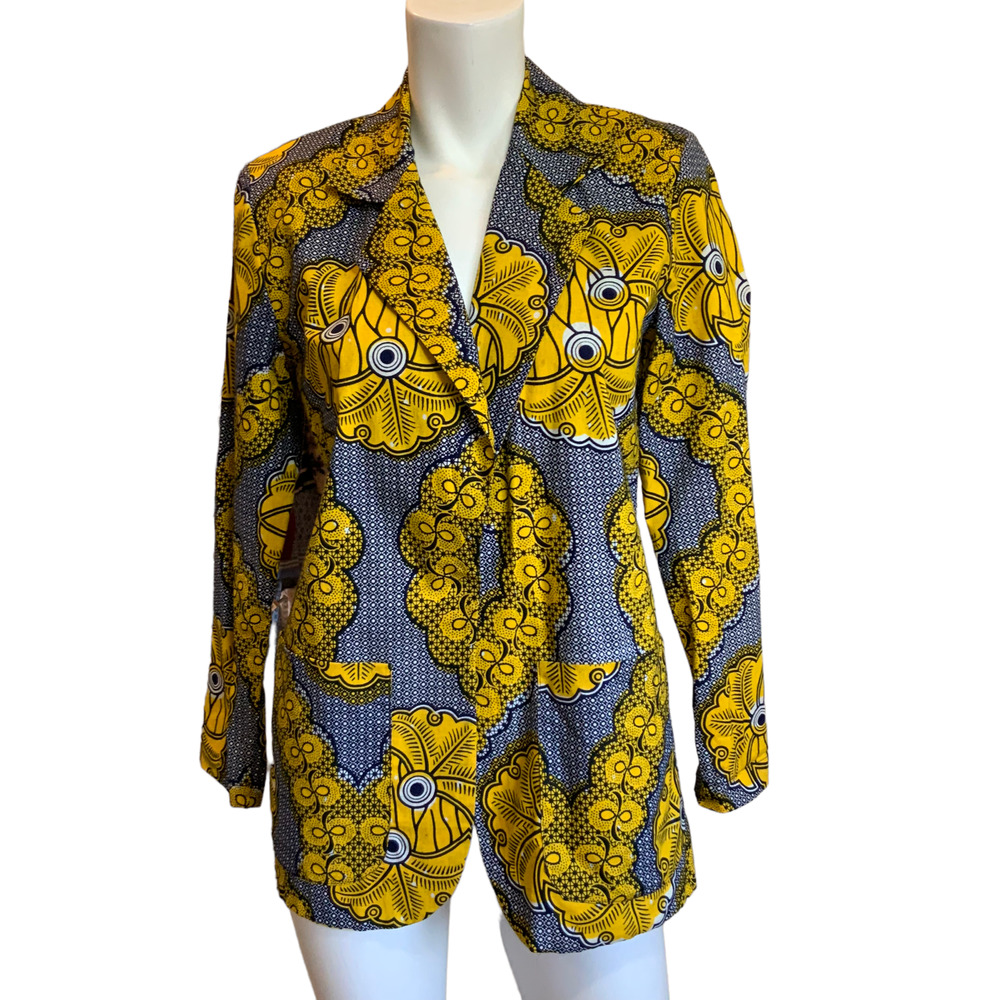Demestiks New York Jacket Hand Dyed Batik African Print Cotton Yellow Blue sz S